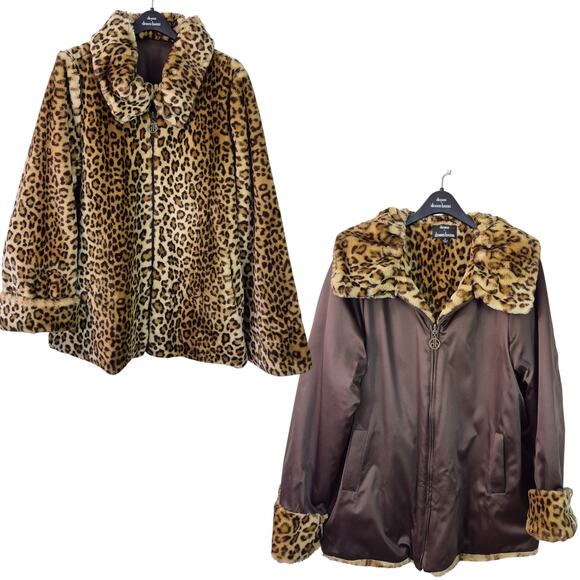 Dennis Basso Brown Gold Leopard Reversible Zip Front Faux Fur Coat Jacket NEW M - Picture 1 of 3